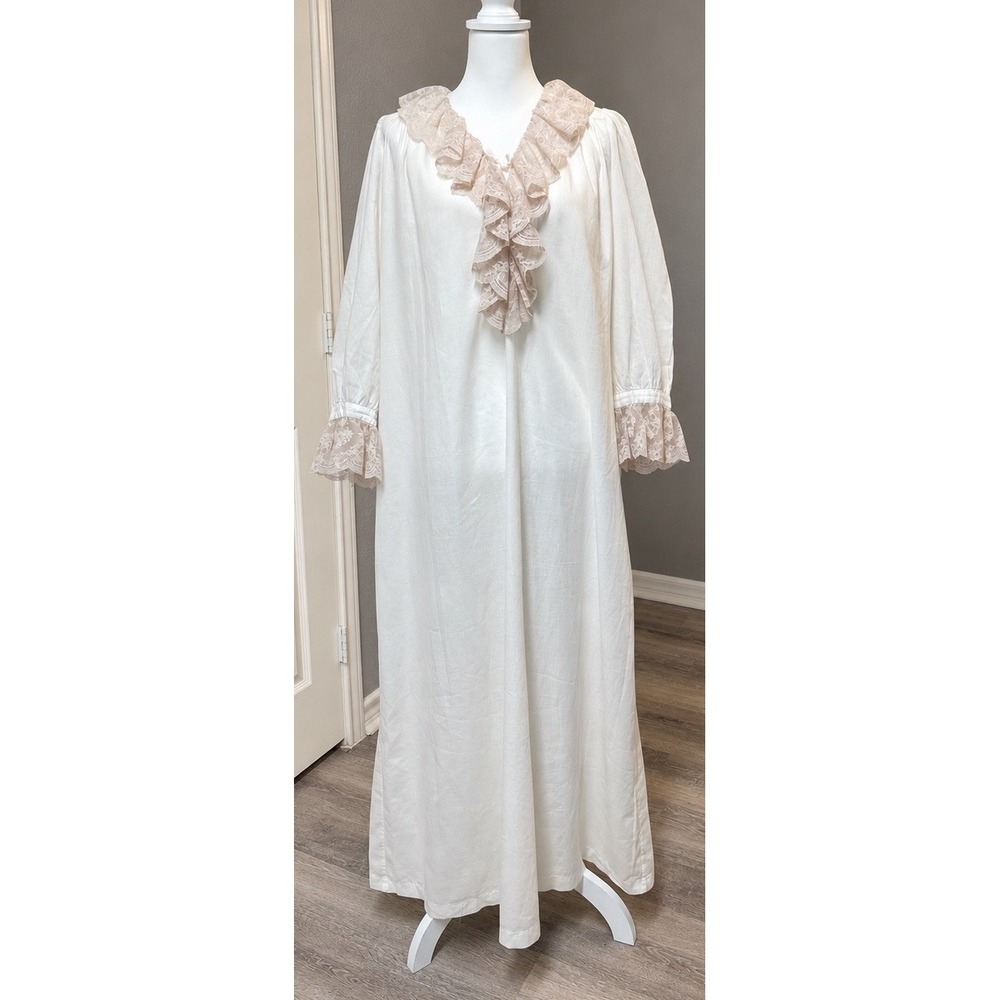 VTG White Lace Ruffle Victorian Prairie Cottagecore Long Sleeve Nightgown Lg